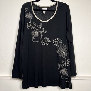 Avenue Top Womens 18/20 Black Pullover Embroidered Floral Stretchy Long Sleeve